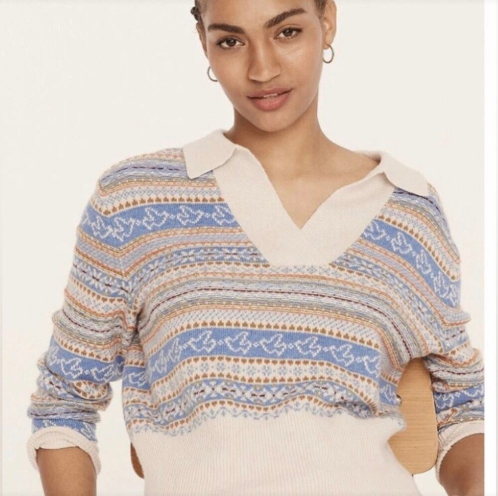J. Crew V‑Neck Fair Isle Sweater - Blue & Cream